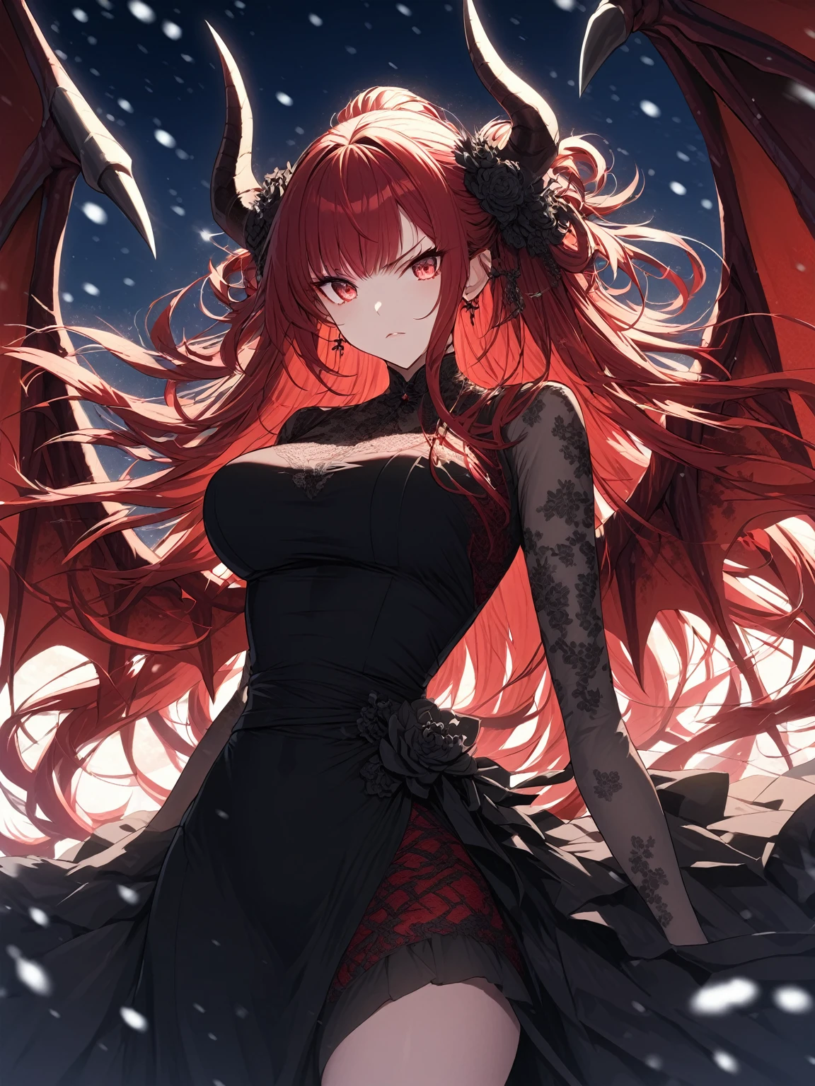 Masterpiece, very detailed, ultra detailed, one, (1 woman), she is in a red lace dress with black flowers on the dress, long hair, bright blood-red hair and wild bangs and tied hair, red demonic horns, red dragon wings, beautiful, charming, bright blood-red eyes, light eyes, elegant, large breasts (huge), serious and neutral face, she is against the background of the night sky and falling snow.