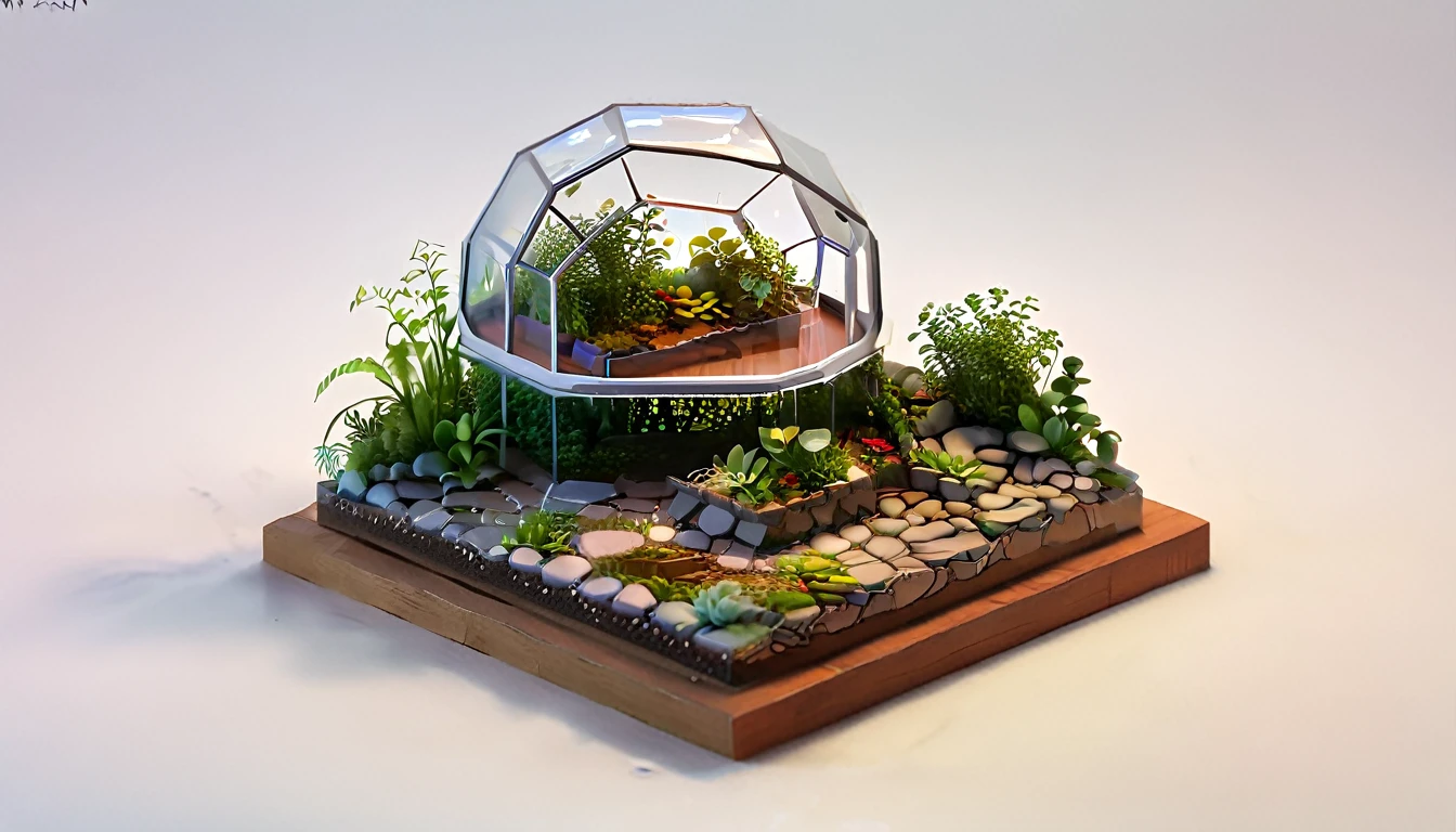 「１Encased in two glass domes、A beautiful and delicate terrarium。Mr.々Various kinds of green plants are harmoniously arranged、Small stones and tree branches are scattered around。Warm natural light pours in、It creates a fantastic atmosphere, as if a small world is spreading inside the terrarium.。Realistic and detailed texture and color、Generate a CG rendered terrarium wallpaper。」