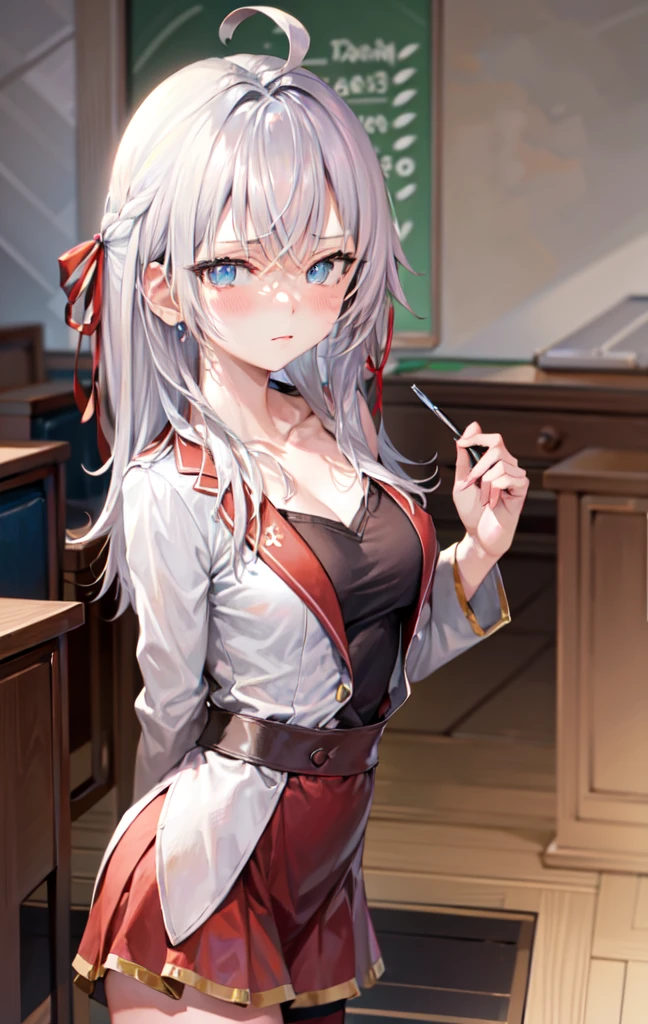 work of art, high resolution, highest quallity, illustration, cinematic light, ultra detaild, face detailed, (((detailedeyes))), best qualityer, hyper detailled, work of art, (face detailed), Alisa Kujou, 1 girl, long hair, blue colored eyes, chemise, 弓, cinta, , jaket, hair cinta, (White hair), focus only, 弓tie, Look to viewer, red 弓, red cinta, red 弓tie,overskirt, white thigh highs, (naked using just a towel)), class room