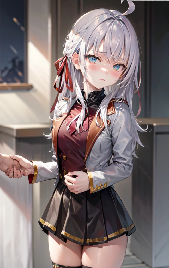 work of art, high resolution, highest quallity, illustration, cinematic light, ultra detaild, face detailed, (((detailedeyes))), best qualityer, hyper detailled, work of art, (face detailed), Alisa Kujou, 1 girl, long hair, blue colored eyes, chemise, 弓, cinta, , jaket, hair cinta, (White hair), focus only, 弓tie, Look to viewer, red 弓, red cinta, red 弓tie,overskirt, white thigh highs, (naked using just a towel)), class room