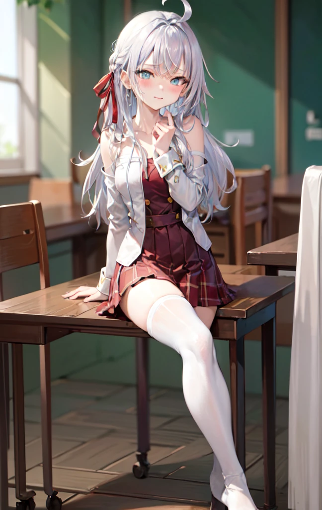 work of art, high resolution, highest quallity, illustration, cinematic light, ultra detaild, face detailed, (((detailedeyes))), best qualityer, hyper detailled, work of art, (face detailed), Alisa Kujou, 1 girl, long hair, blue colored eyes, chemise, 弓, cinta, , jaket, hair cinta, (White hair), focus only, 弓tie, Look to viewer, red 弓, red cinta, red 弓tie,overskirt, white thigh highs, (naked using just a towel)), class room