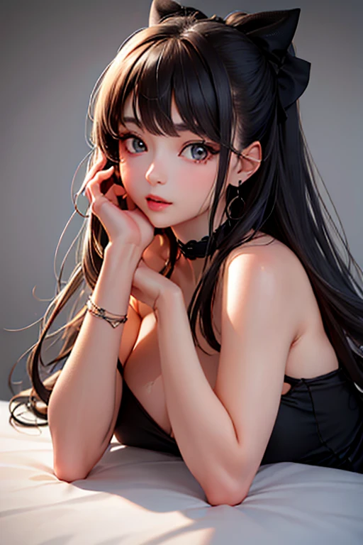 cute, ultra-detailed, figure, Complex, detailed, extremely detailed, detailed face, Soft Lighting, Soft Light, Soft Focus, Perfect Face, beautiful, Accurate anatomy, Exposure, 8K, 4K, (High resolution:1.1), Highest quality, (masterpiece:1.3), One girl, alone, jewelry, Brown eyes, View your viewers, Earrings, Grey Hair, bangs, choker, Mouth closed, Portraiture, clock, hair ornaments, Simple Background, Gray background, Long Hair, Headrest, lips, hair bow, black choker, bow, eyelash
