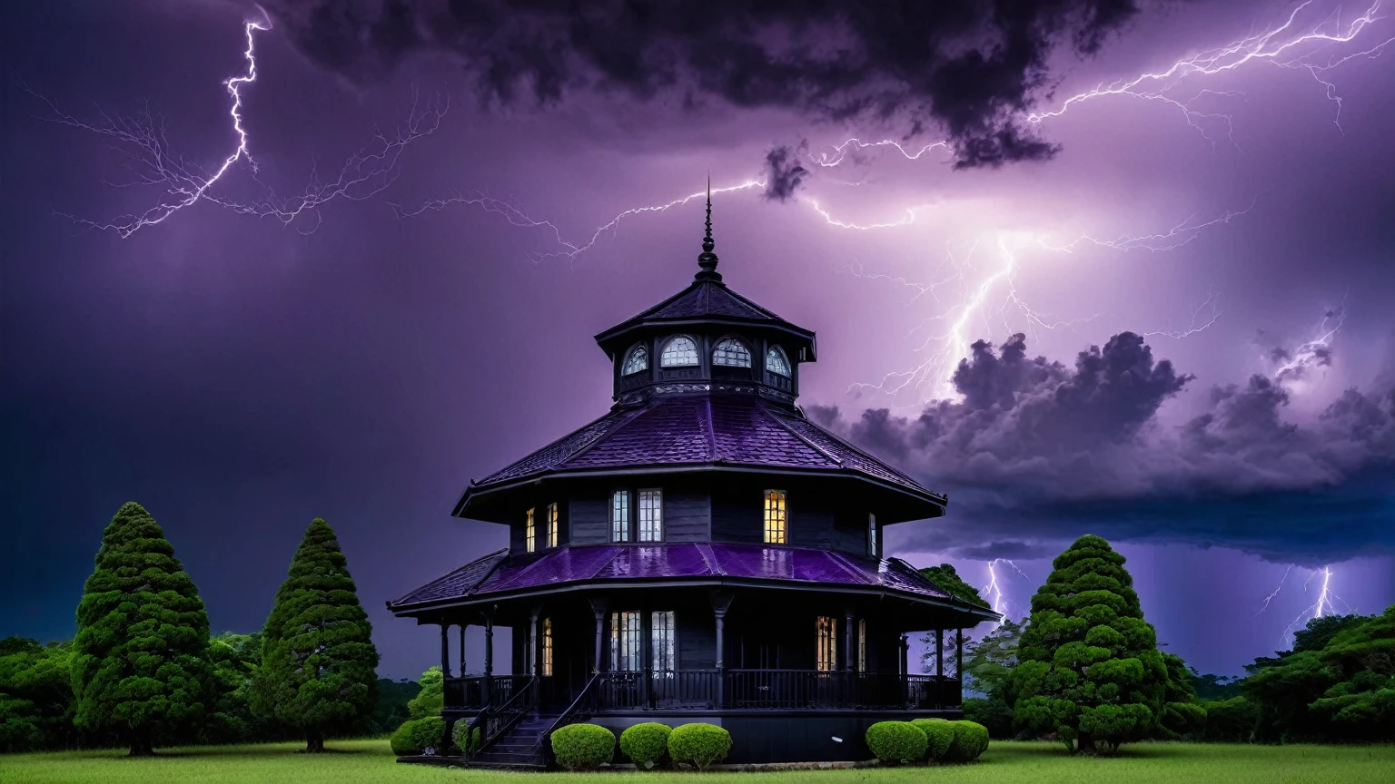 darkest atmosphere, dark purple & black storm clouds during the night, darkness, lightning, panoramic façade of a black traditional house with octagonal turret & octagonal cupola on top of roof, bald cypress trees, background