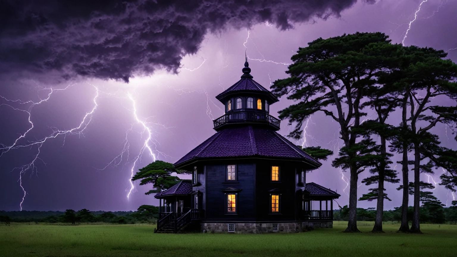 darkest atmosphere, dark purple & black storm clouds during the night, darkness, lightning, panoramic façade of a black traditional house with octagonal turret & octagonal cupola on top of roof, bald cypress trees, background