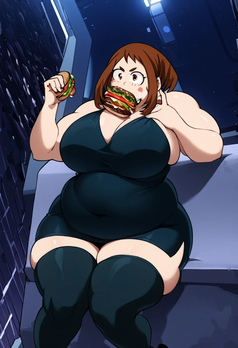 Ochako Uraraka from My Hero Academy, girl fat, obese body, big belly, big ass, big breast, large thighs, wide hips, sexy, stockings, red hair, short night dress, laboratory, night, dark dress, black dress, black stockings, black and black shoes, sitting, eating hamburgers, hamburguers, (Masterpiece:1.2), best quality, high resolution, beautifully detailed, extremely detailed, perfect lighting,
