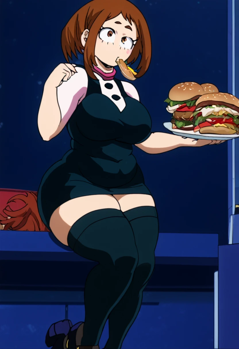 Ochako Uraraka from My Hero Academy, girl fat, obese body, big belly, big ass, big breast, large thighs, wide hips, sexy, stockings, red hair, short night dress, laboratory, night, dark dress, black dress, black stockings, black and black shoes, sitting, eating hamburgers, hamburguers, (Masterpiece:1.2), best quality, high resolution, beautifully detailed, extremely detailed, perfect lighting,
