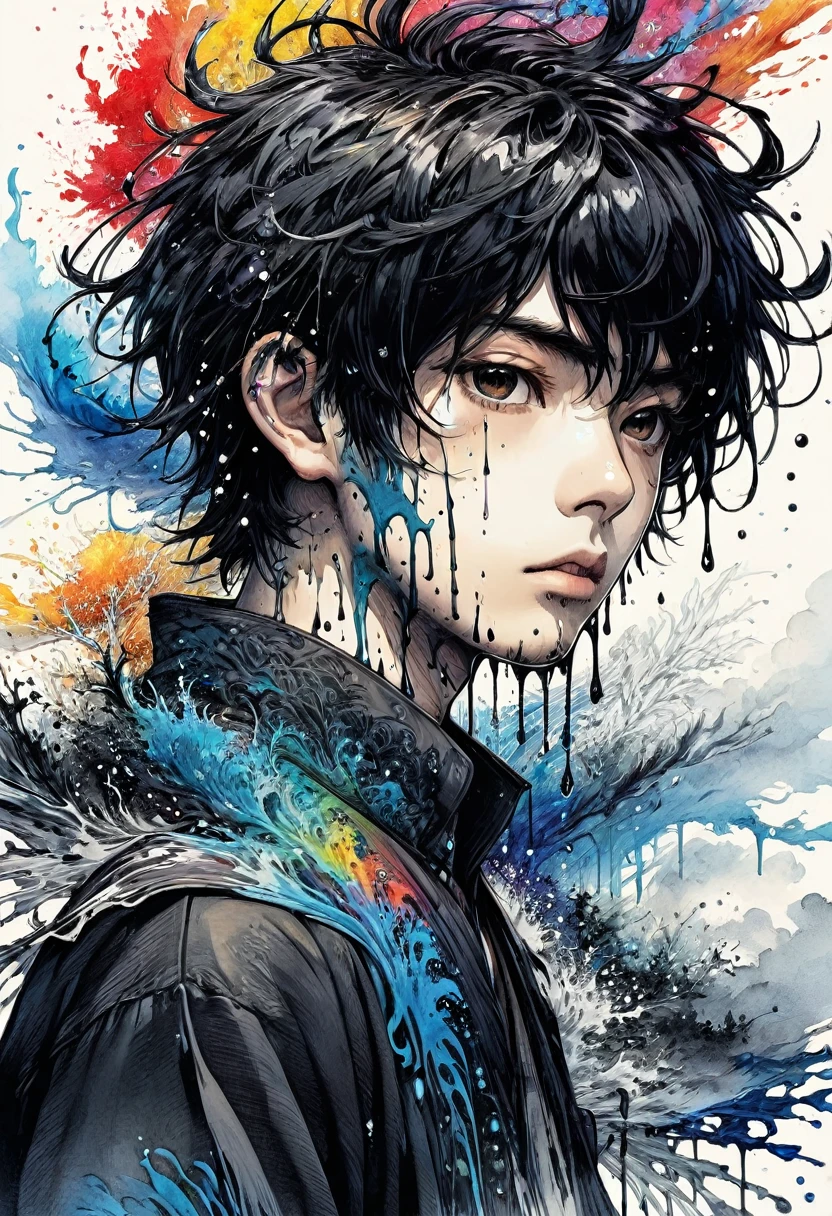 (masterpiece:1.2), ((Intricate details)), Cover art, chaos, Upper Body, One boy, Japanese Boy, Casual Hair, Black Hair, bangs, Forehead hair, high quality, (Ink Random 10 colors), ((Front view)), Dripping from the face, Clothes dripping, Ink dripping, (Additional weight 1:1.0), (Double exposure), Ink painting landscape、Body sideways, face forward