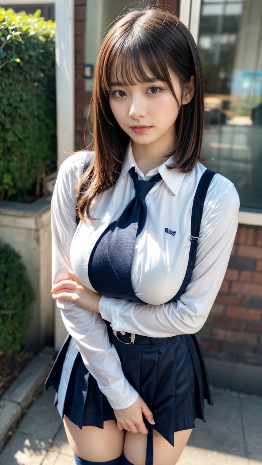 masterpiece, best quality, illustration, Super detailed, fine details, High resolution, 8K,wall paper, perfect dynamic composition,(Details High quality, realistic depiction of eyes:1.3), from side, High School Classroom、High school girl uniform、blazer 、Super Short Check Uniform Skirt、Navy blue high socks、garterbelts、Colossal tits、Disturbed uniform, short bob hair, black hair color, large breasts, Big Natural Color Lip, bold sexy pose, (perfect body shape), crying a little、cold gaze, Harajuku style、20 year old girl、cute type, beautiful legs, hposing Gravure Idol, Voluptuous thighs