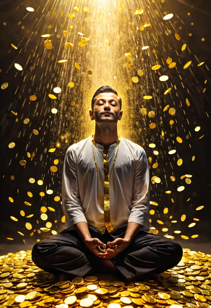 Handsome man meditating, shower of gold light, coins falling, stacked gold bullion, banknotes and coins