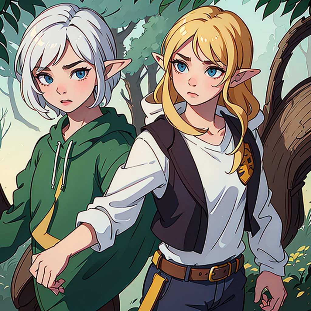 Create a slightly weak looking elf with teenage features in male and female versions against the background of a semi-realistic forest. 