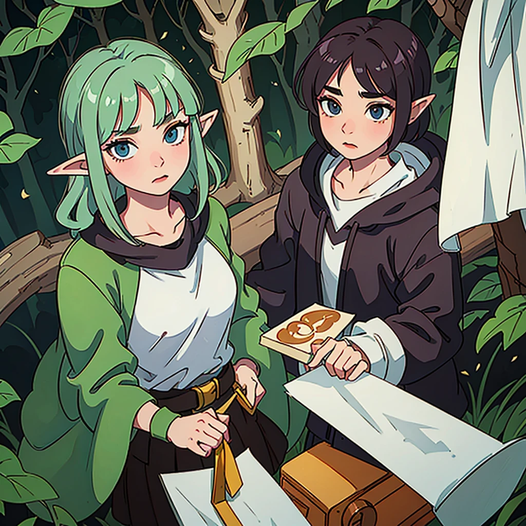 Create a slightly weak looking elf with age features in male and female versions against the background of a semi-realistic forest.