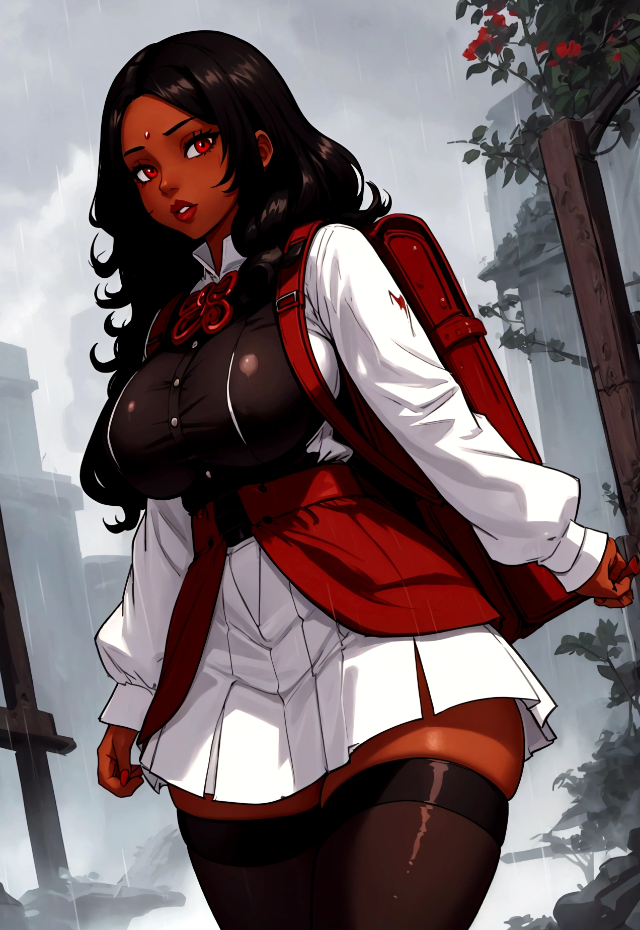 Girl with very long curly black hair, red eyes, BROWN SKIN , big breasts, thin waist,  big hips, white blouse, thigh-high red skirt, tights and light black, black backpack, tomorrow with rain. 