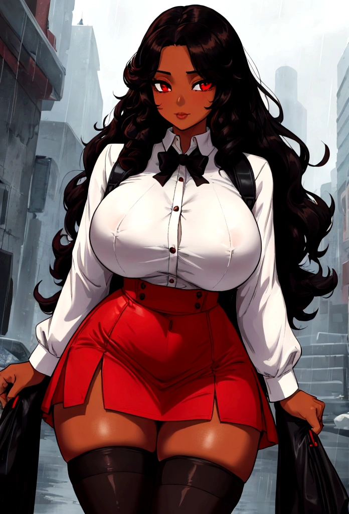 Girl with very long curly black hair, red eyes, BROWN SKIN , big breasts, thin waist, big hips, white blouse, thigh-high red skirt, tights and light black, black backpack, tomorrow with rain.