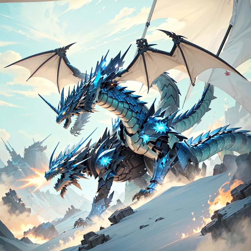 Add glowing effects，The dragon spewed blue flames，Eyes glow，Character combat status，Battle Talk，Fierce Battle，Broken armor all around，broken military flag，Increase green grass，Blue sky and white clouds
