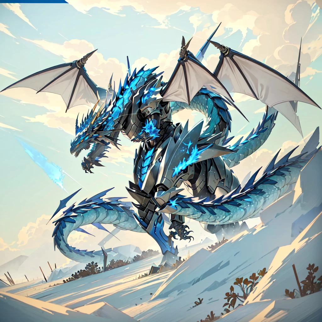 extreme long shot, heroic view, BREAK, A silver dragon with (2 wings) on a cloud shrouded mountain top, ((((falling snow )))), BREAK,  BREAK, mystical creature, realistic, ultra detailed, majestic, masterpiece, dynamic pose, sun rise lighting, snowy mountain top background 