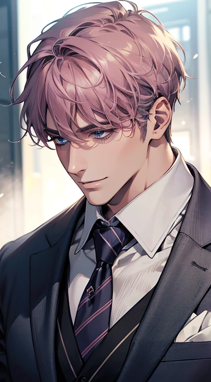 (Highest quality,4K,8K,High resolution,masterpiece:1.2),Super detailed,(Realistic,photoRealistic,photo-Realistic:1.37),1 person,31 years old,Mature Men,Beautiful skin、Profile、very handsome,Expressionless,smile,Short gray pink hair,blue eyes,Sharp Eyes,A perfect face without a doubt,Businessman,Office Background,Cinema Lighting,HDR image,tie、