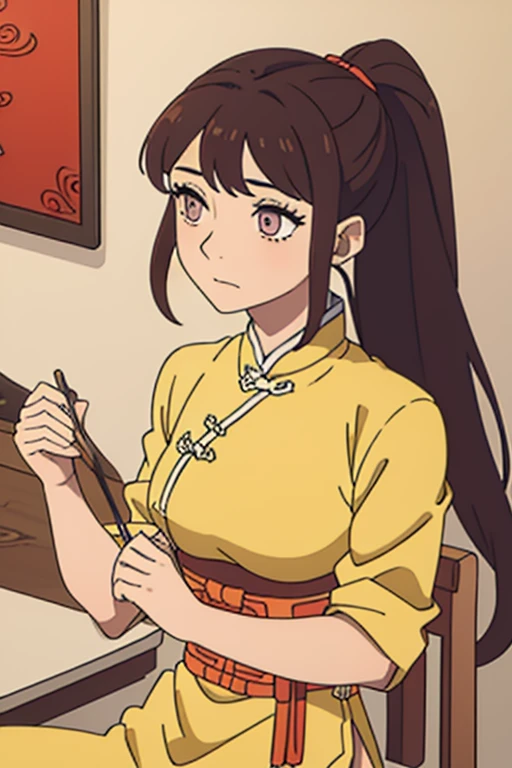 ( Best Quality, ancient china, an indifferent girl, long yellow chinese dress), long hair tied in a ponytail, Brown hair, tender lilac eyes, short sleeves
