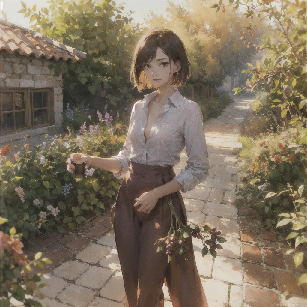 Exquisite, slender, delicate girl of with a perfect gentle face of the southern type (with short dark burgundy hair) with freckles (with ruby earring) in the rays of the rising sun, naked with tender bare breasts with pink swollen nipples ((barefoot)) ((in an unbuttoned open burgundy shirt over a naked body and in small burgundy panties)) (on the veranda in the garden) Drinks (coffee) and looks at the flowers, in watercolor style, discreet light shades, Flares, (imitation of film photography), against the sun, a lot of sun glare, light fills the frame, olive and grape groves, strong wind, Brick Road, high image quality, Maximum detail, sunset lighting, Warm evening shades, (warm golden and olive sunset light), big space eyes, olive and grape groves, Brick Road, ((brick house, coffee, coffeeйные чашки, coffeeйник))