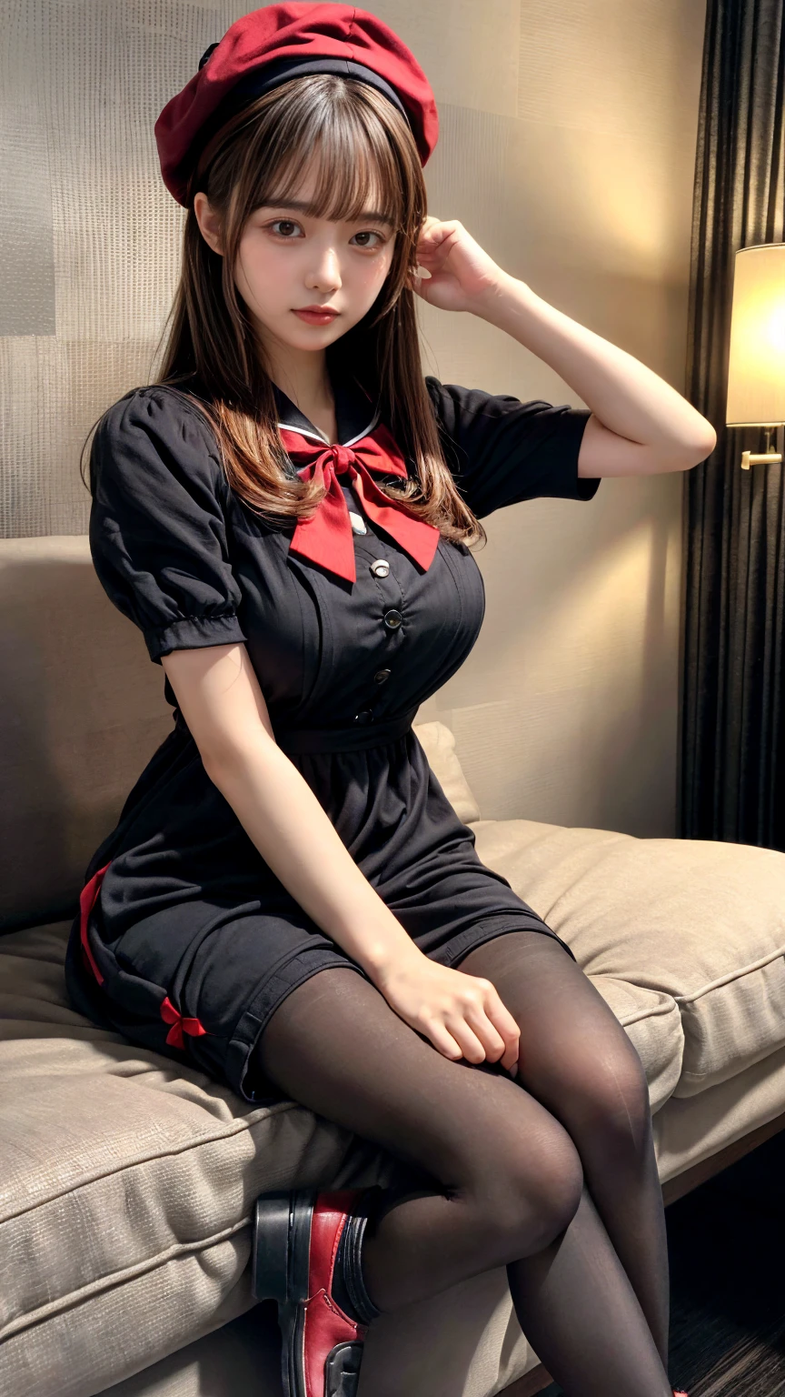 (absurdres:1.3), (highres:1.3), (ultra detailed:1.3),(1girl:1.3), (extremely detailed CG unity 8k wallpaper:1.3), (detailed skin texture, detailed cloth texture, detailed hair texture), (beautiful detailed face, supermodel, pale skin, realistic glistening skin), (RAW photo, best quality), (realistic, photo-realistic:1.4), masterpiece, extremely delicate and beautiful,Amazing, finely detail, extremely detailed CG unity 8k wallpaper, huge filesize, ultra-detailed, highres, absurdres, soft light,rim light, vibrant details, hotel room, straight hair, large breasts, black hair color, Big Natural Color Lip, (perfect body shape), beautiful legs, BREAK (black and red theme:1.4), (black sundress:1.5), (black sailor collar:1.4), ((short sleeve, bishop-sleeve):1.3), (black beret with white ribbon:1.4), (red tie:1.3), (double-breasted on (dress, skirt):1.3), ((red ribbon, white large-button):1.3), (red line on dress:1.2),
BREAK ((dark-brown pantyhose, loafers):1.2), crying a little、Harajuku style、20 year old girl、cute type、ta、