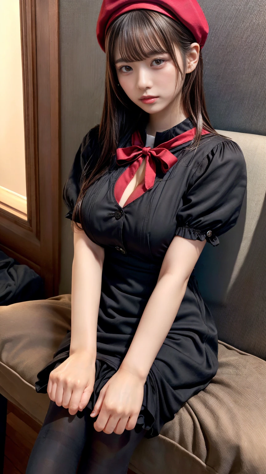 (absurdres:1.3), (highres:1.3), (ultra detailed:1.3),(1girl:1.3), (extremely detailed CG unity 8k wallpaper:1.3), (detailed skin texture, detailed cloth texture, detailed hair texture), (beautiful detailed face, supermodel, pale skin, realistic glistening skin), (RAW photo, best quality), (realistic, photo-realistic:1.4), masterpiece, extremely delicate and beautiful,Amazing, finely detail, extremely detailed CG unity 8k wallpaper, huge filesize, ultra-detailed, highres, absurdres, soft light,rim light, vibrant details, hotel room, straight hair, large breasts, black hair color, Big Natural Color Lip, (perfect body shape), beautiful legs, BREAK (black and red theme:1.4), (black sundress:1.5), (black sailor collar:1.4), ((short sleeve, bishop-sleeve):1.3), (black beret with white ribbon:1.4), (red tie:1.3), (double-breasted on (dress, skirt):1.3), ((red ribbon, white large-button):1.3), (red line on dress:1.2),

BREAK ((dark-brown pantyhose, loafers):1.2), crying a little、Harajuku style、20 year old girl、cute type、ta、