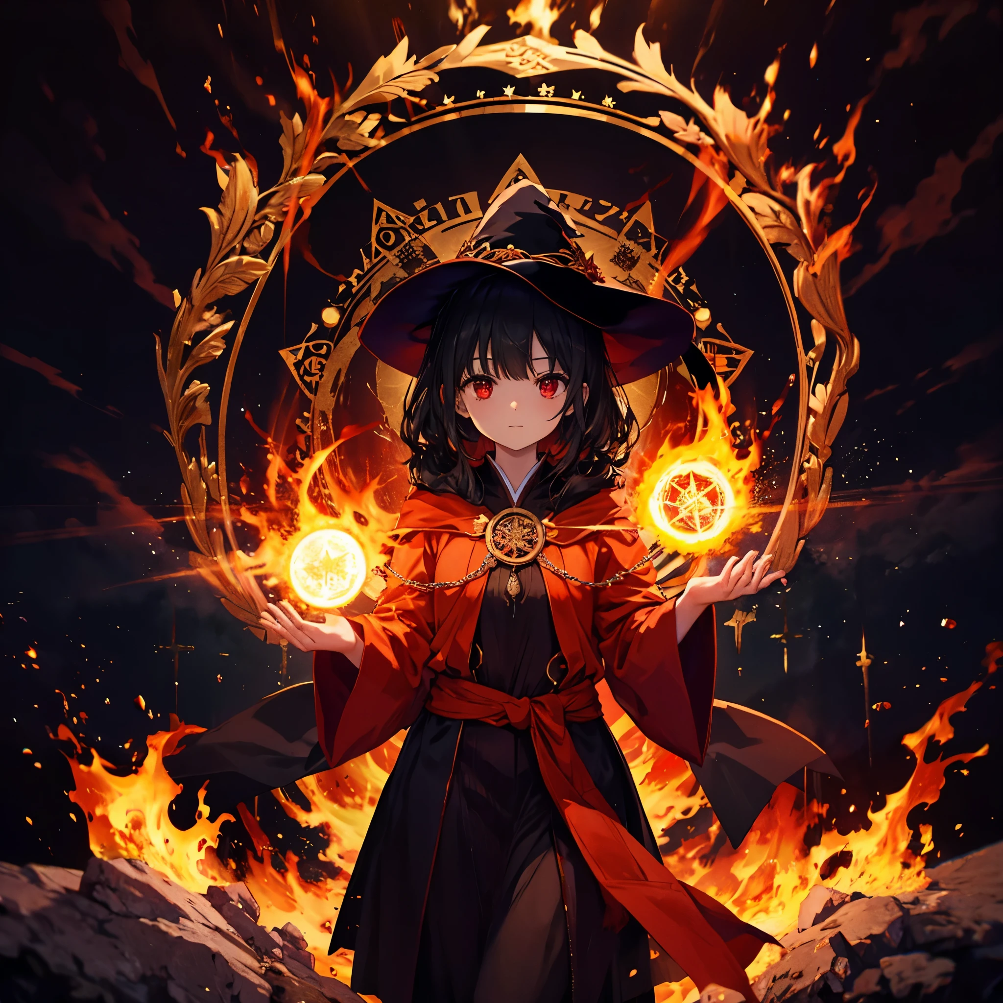 ((((witch　Lock))))　(((wand of flame　grimoire)))　((Black Hair　witchの帽子　Red eyes　smile　Looking down))　((explosion　fire))　(Magic Robe　Black Hole　despair　tears)　incantation　Runes　Shining Background　Shining Edge