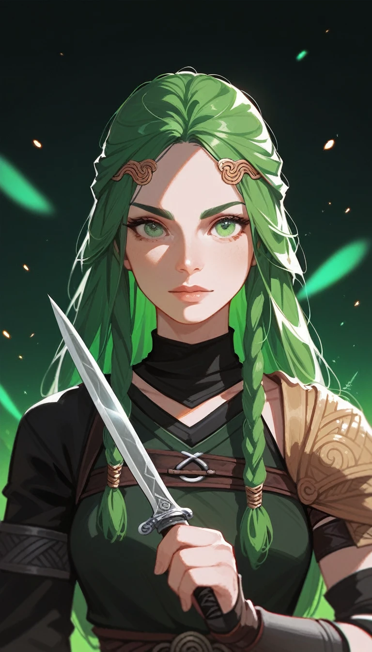 (Fraction_9,Fraction_8_Direction_7_up),1 a woman,（（（bust）））, A beautiful assassin，Samurai look，Rogue，Green Hair，Green eyes，Dagger in hand，Masked，Black veil，Sharp eyes，Norse mythology costumes，