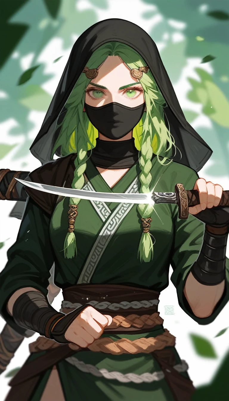 (Fraction_9,Fraction_8_Direction_7_up),1 a woman,(((bust))), A beautiful assassin,Samurai look,Rogue,Green Hair,Green eyes,Dagger in hand,Masked,Black veil,Sharp eyes,Norse mythology costumes,
