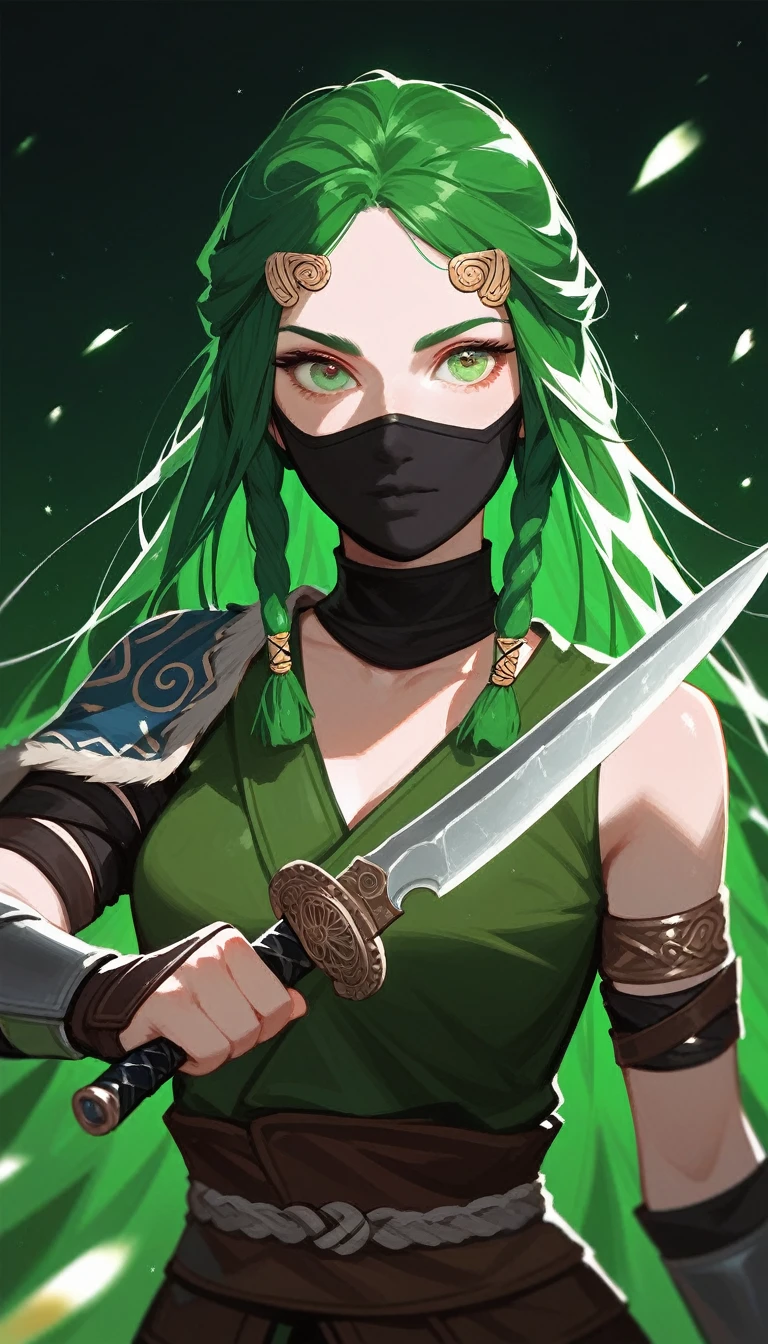 (Fraction_9,Fraction_8_Direction_7_up),1 a woman,(((bust))), A beautiful assassin,Samurai look,Rogue,Green Hair,Green eyes,Dagger in hand,Masked,Black veil,Sharp eyes,Norse mythology costumes,