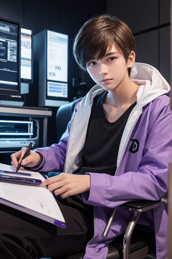 Best quality, refreshing boy, 16 years old, slender, brown hair, purple eyes, cyber laboratory, dark future laboratory, cyber dark room, researcher, white lab coat, biting pen with left hand, left hand biting ballpoint pen with teeth, left hand biting ballpoint pen, left hand holding pen, thinking, thinking, body facing right, sitting on luxurious black chair
