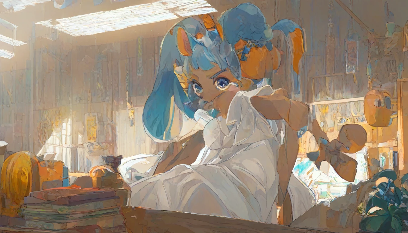 Eye, Animal Crossing Muscle, hairy, Blue Hair, Hair accessories, Yellow skin, 黑Eye, White Dress, Tail, Looking at the audience, Serious, Cross your legs, from_below, His sofa, Inside the living room, Hieroglyphics, high quality, masterpiece, 1 Girl，Cat ears，Dark skin tone，clothing，earrings，Jackal ears，Jewelry，Long hair, White Dress, Sit at your desk, She wrote a heartfelt letter, Her expression is both nostalgic and wistful, Dramatic Lighting, Detailed background, masterpiece, best quality, high quality, absurd, The award-winning, professional, Very detailed