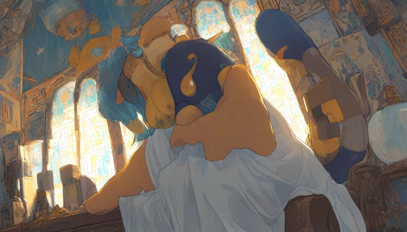 insanely Beautiful Little pale gothic Egyptian boy, cute, flat chest, short blonde hair, twintails, blue eyes, ass, big ass, blush, from behind, rear view, sitting, egyptian bath house, atmospheric, symmetrical, super pretty, trending on artstation, sharp focus, perfect lighting, insanely pretty,
