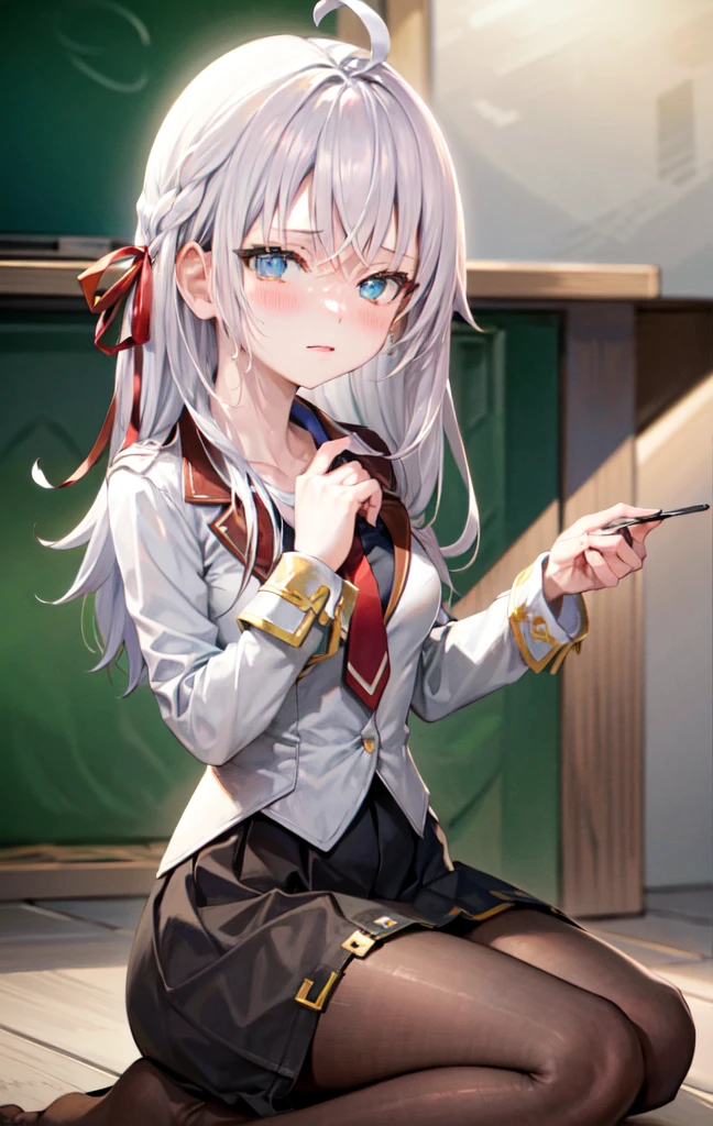 work of art, high resolution, highest quallity, illustration, cinematic light, ultra detaild, face detailed, (((detailedeyes))), best qualityer, hyper detailled, work of art, (face detailed), Alisa Kujou, 1 girl, long hair, blue colored eyes,wearing no shirt, new, 弓, cinta, , , hair cinta, (White hair), focus only, 弓tie, Look to viewer, red 弓, red cinta,, white thigh highs, (new apenas utilizandoumatoalha)), class room