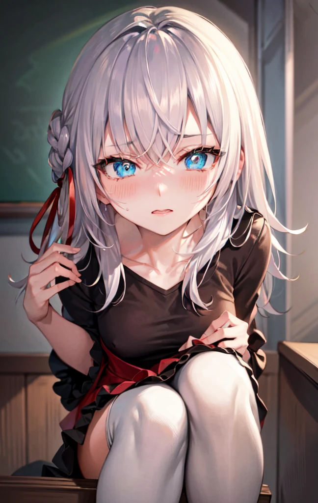 work of art, high resolution, highest quallity, illustration, cinematic light, ultra detaild, face detailed, (((detailedeyes))), best qualityer, hyper detailled, work of art, (face detailed), Alisa Kujou, 1 girl, long hair, blue colored eyes,wearing no shirt, new, 弓, cinta, , , hair cinta, (White hair), focus only, 弓tie, Look to viewer, red 弓, red cinta,, white thigh highs, (new apenas utilizandoumatoalha)), class room