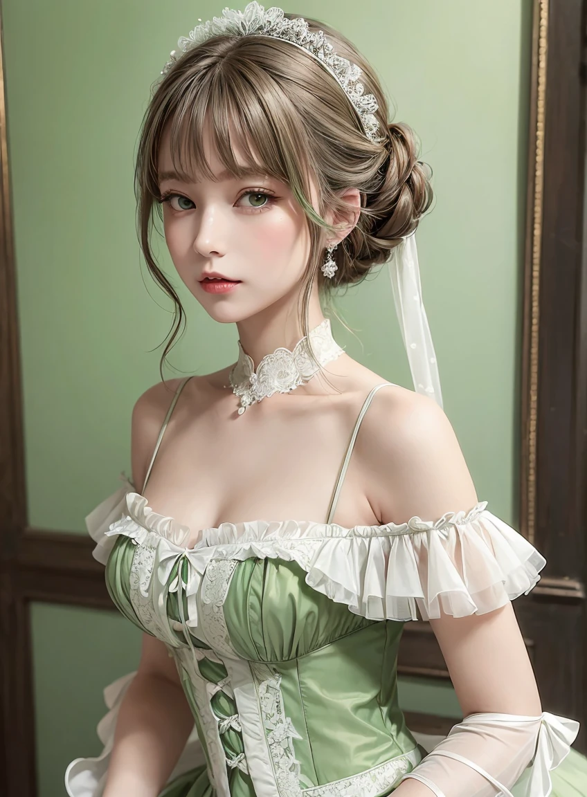 ((High quality work)), Clean and simple lines, The green dress and beautiful ruffled lace complement each other, Enriches the layering of the entire picture, Elegant Edwardian lace dresses and princess dresses add a lot of color to the characters, Gesture with hands behind back , It also shows the gentle and elegant side of women.Women