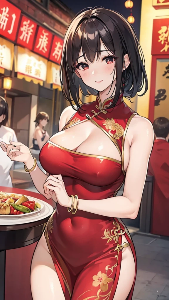 a beautiful woman,Standard red silk cheongsam,side braid,short black hair,Large ,Sexy,Slbody,noble, (gold embroidery thread), (Such),cleavage, door Chinese restaurant,Smile,lipstick,Wear a gold bracelet on your right hand