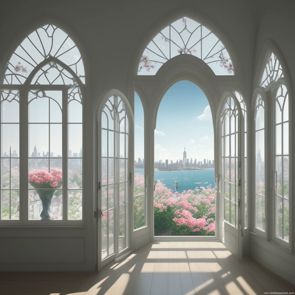 there is a realistic details sharp contrast a room with a large window and a bunch of cherry flowers, open real window ib background, photo of a beautiful window, portal made cherry flowers, beatiful realistic backgrounds, beautiful and aesthetic realistic , the window is open, beautiful scenic realistic sea view, floral environment, open window, unreal engine ; romantic theme, beautiful aesthetic design, window and city background, beautiful render of a fairytale