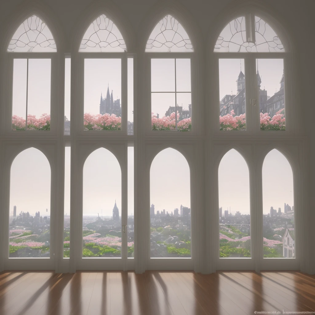 there is a realistic details sharp contrast a room with a large window and a bunch of cherry flowers, open real window ib background, photo of a beautiful window, portal made cherry flowers, beatiful realistic backgrounds, beautiful and aesthetic realistic , the window is open, beautiful scenic realistic sea view, floral environment, open window, unreal engine ; romantic theme, beautiful aesthetic design, window and city background, beautiful render of a fairytale