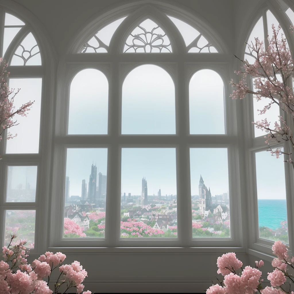 there is a realistic details sharp contrast a room with a large window and a bunch of cherry flowers, open real window ib background, photo of a beautiful window, portal made cherry flowers, beatiful realistic backgrounds, beautiful and aesthetic realistic , the window is open, beautiful scenic realistic sea view, floral environment, open window, unreal engine ; romantic theme, beautiful aesthetic design, window and city background, beautiful render of a fairytale