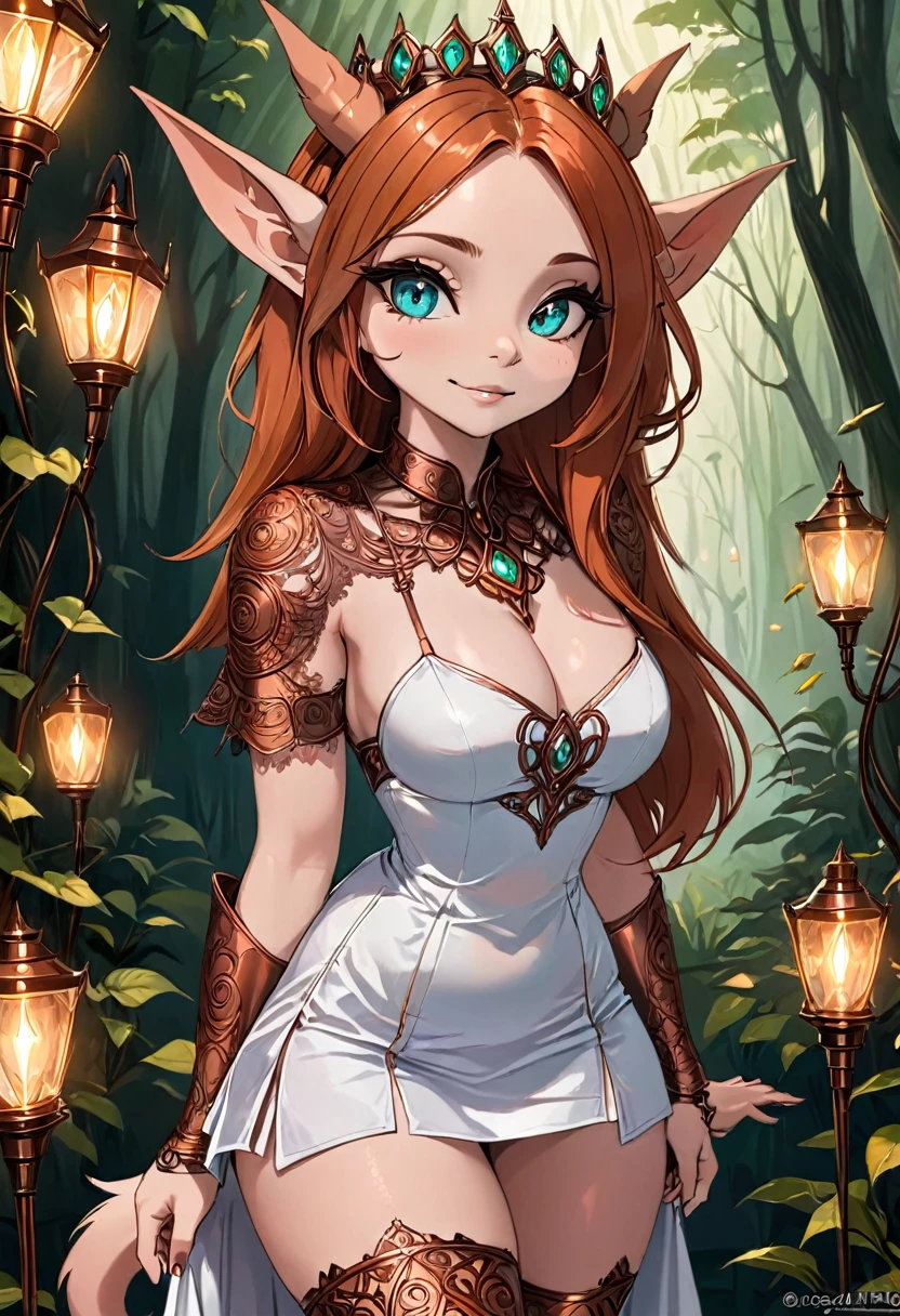 Steampunk inspired goblin princess. copper wire necklaces and bangles. Crown of fine copper wire. copper coloured tatoos cover her face and body intricate and beautiful designs. LArge pointed ears that end in curlicues. Hands on hips. Ember colored eyes adorned with intricate copper wireing. a pure white dress, hemmed with copper, covered in copper lace and filligree. silver designs cover the skirt in a kaleidoscope of intricate copper designs. Background is magical verdant forrest. Her visage is a mesmerizing blend of Sydney Sweeney, Alison Brie, Dove-Cameron, creating a unique, symmetrical face that exudes elegance and grace. copper colores face tattoos. Copper colored arms, and chest tatoos. Cozy, romantic lighting. Cheerful smile. Copper hair that shimmers and sparkles in the lights. Hourglass figure. copper lips. dark copper eye shadow.
