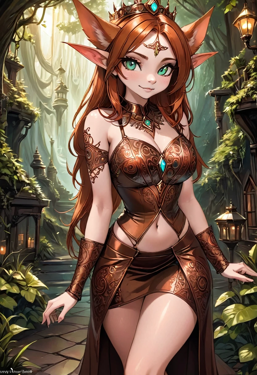 Steampunk inspired goblin princess. copper wire necklaces and bangles. Crown of fine copper wire. copper coloured tatoos cover her face and body intricate and beautiful designs. LArge pointed ears that end in curlicues. Hands on hips. Ember colored eyes adorned with intricate copper wireing. a pure white dress, hemmed with copper, covered in copper lace and filligree. silver designs cover the skirt in a kaleidoscope of intricate copper designs. Background is magical verdant forrest. Her visage is a mesmerizing blend of Sydney Sweeney, Alison Brie, Dove-Cameron, creating a unique, symmetrical face that exudes elegance and grace. copper colores face tattoos. Copper colored arms, and chest tatoos. Cozy, romantic lighting. Cheerful smile. Copper hair that shimmers and sparkles in the lights. Hourglass figure. copper lips. dark copper eye shadow.