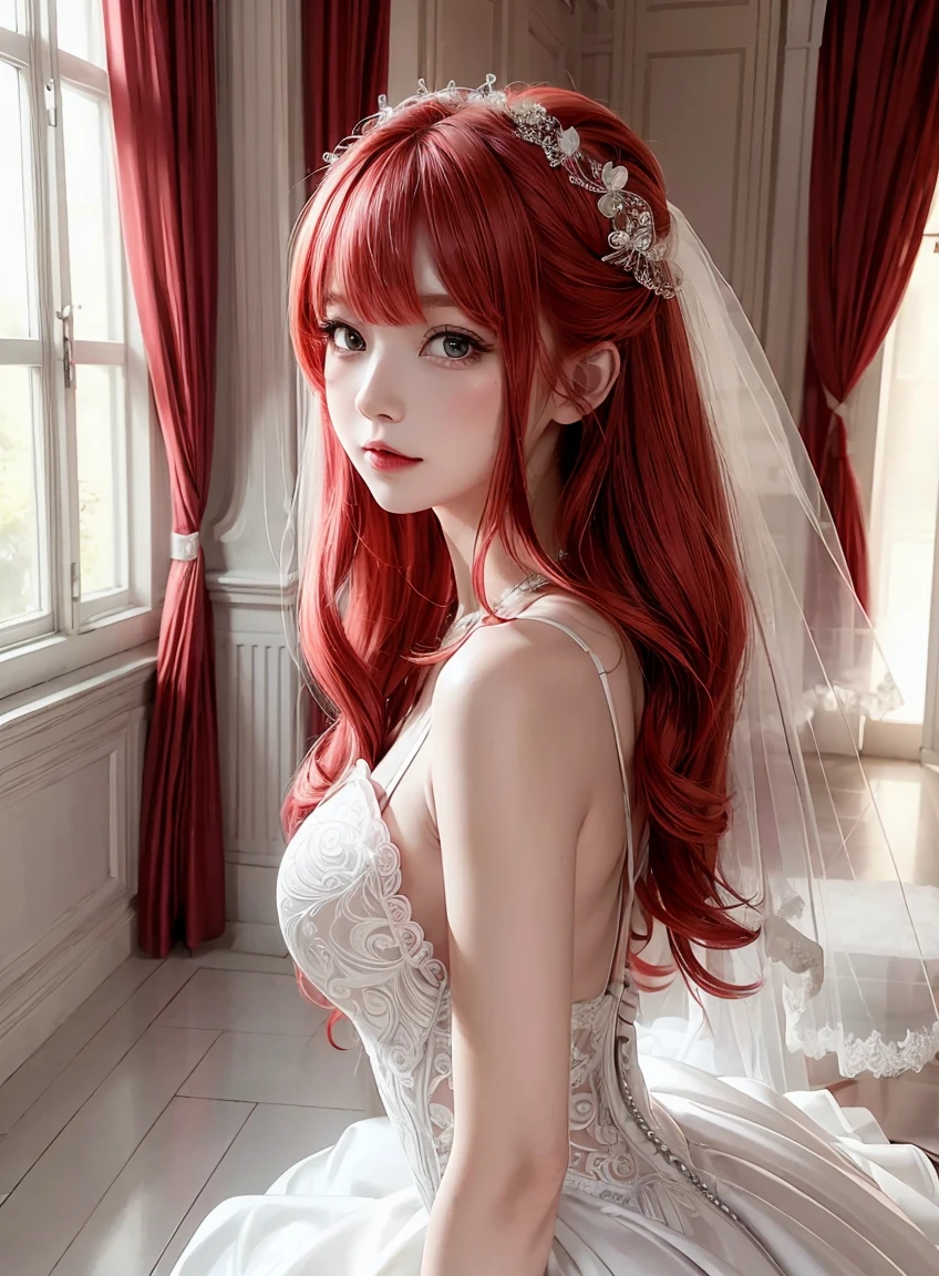 1 Girl, masterpiece, high resolution, Sonic edges_Rias_Grey Mory,Long red hair, ((Wedding dress, Room, bridal lingerie, Wedding theme))