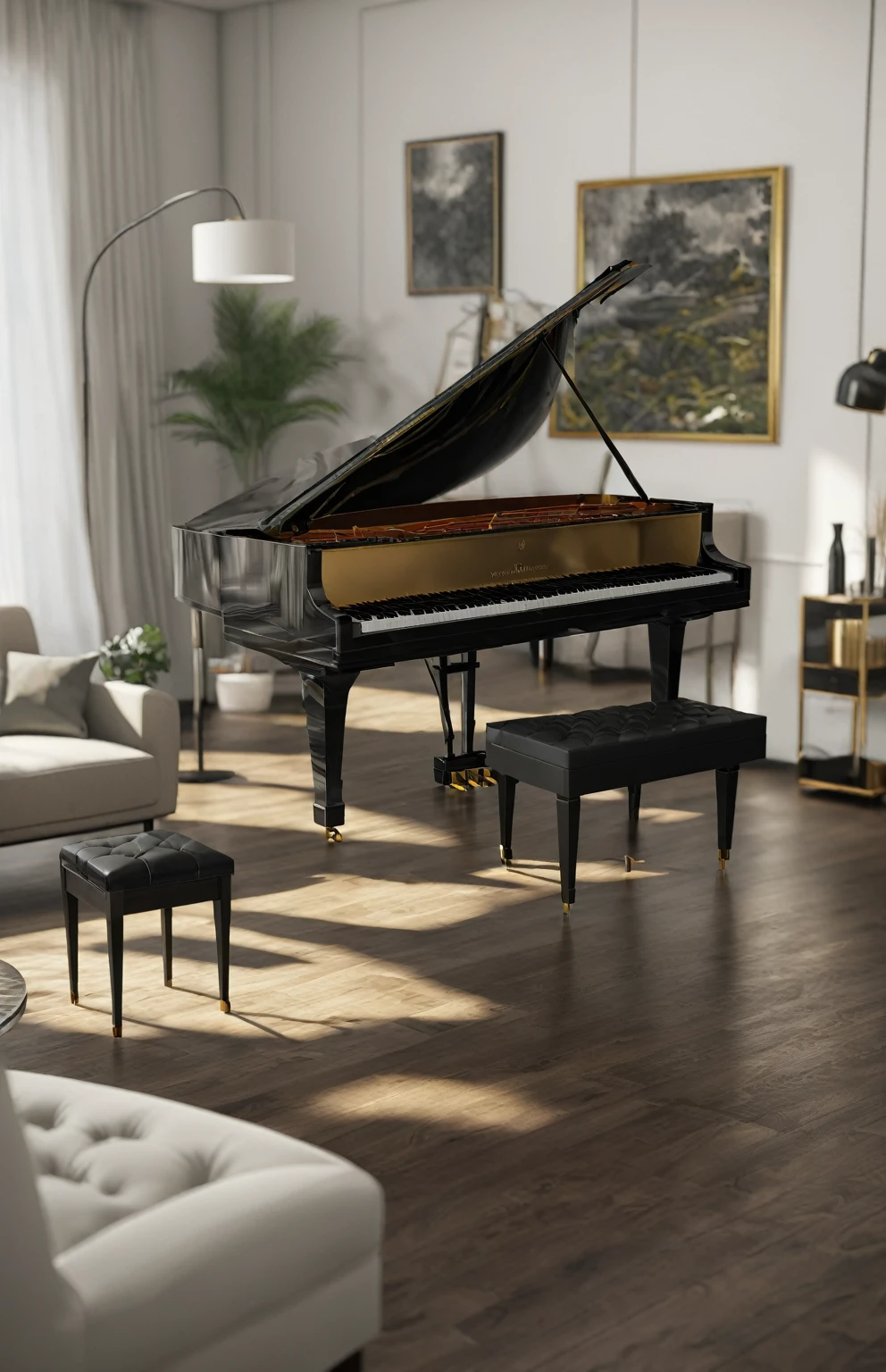 an elegant black grand piano, photorealistic, 8K, highly detailed, dramatic lighting, glossy finish, intricate wood grain, reflective surface, dramatic shadows, dramatic highlights, dramatic contrast, cinematic composition, moody atmosphere, dark and sophisticated. ((Nobody) A highly detailed, extremely realistic, and photorealistic portrait of a beautiful room hyper realistic photography in very high quality. FUHD+. Perfect photo. ((Perfect piano)), Realistic photography:1.3, . ((( The piano is in a Living room and it Isa  beautiful elegant black grand piano)):1.5. Photography. best quality photography . Perfect room. , (wallpaper), conceptual art to hyper realistic image, intricate details, highly detailed, ((cinematic:1.4)), dramatic, (extremely-high-quality:1.6, Granted, masterpiece:1.5), (very-photorealistic:1.5 ), realistic photo, Nikon, natural light, 8k, high definition, processing:1.4, popular on CGStation, HDR 2160, High quality, 16k, 8K, only-male:1.5, captured with a Nikon camera using a 50mm lens, natural light, and ((high-quality post-processing in Adobe Lightroom and other photography software)). The image is of the highest quality, with an 8K resolution and maximum detailing