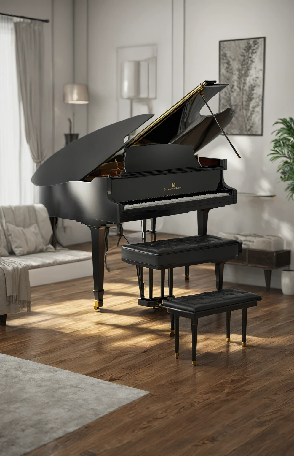 an elegant black grand piano, photorealistic, 8K, highly detailed, dramatic lighting, glossy finish, intricate wood grain, reflective surface, dramatic shadows, dramatic highlights, dramatic contrast, cinematic composition, moody atmosphere, dark and sophisticated. ((Nobody) A highly detailed, extremely realistic, and photorealistic portrait of a beautiful room hyper realistic photography in very high quality. FUHD+. Perfect photo. ((Perfect piano)), Realistic photography:1.3, . ((( The piano is in a Living room and it Isa  beautiful elegant black grand piano)):1.5. Photography. best quality photography . Perfect room. , (wallpaper), conceptual art to hyper realistic image, intricate details, highly detailed, ((cinematic:1.4)), dramatic, (extremely-high-quality:1.6, Granted, masterpiece:1.5), (very-photorealistic:1.5 ), realistic photo, Nikon, natural light, 8k, high definition, processing:1.4, popular on CGStation, HDR 2160, High quality, 16k, 8K, only-male:1.5, captured with a Nikon camera using a 50mm lens, natural light, and ((high-quality post-processing in Adobe Lightroom and other photography software)). The image is of the highest quality, with an 8K resolution and maximum detailing