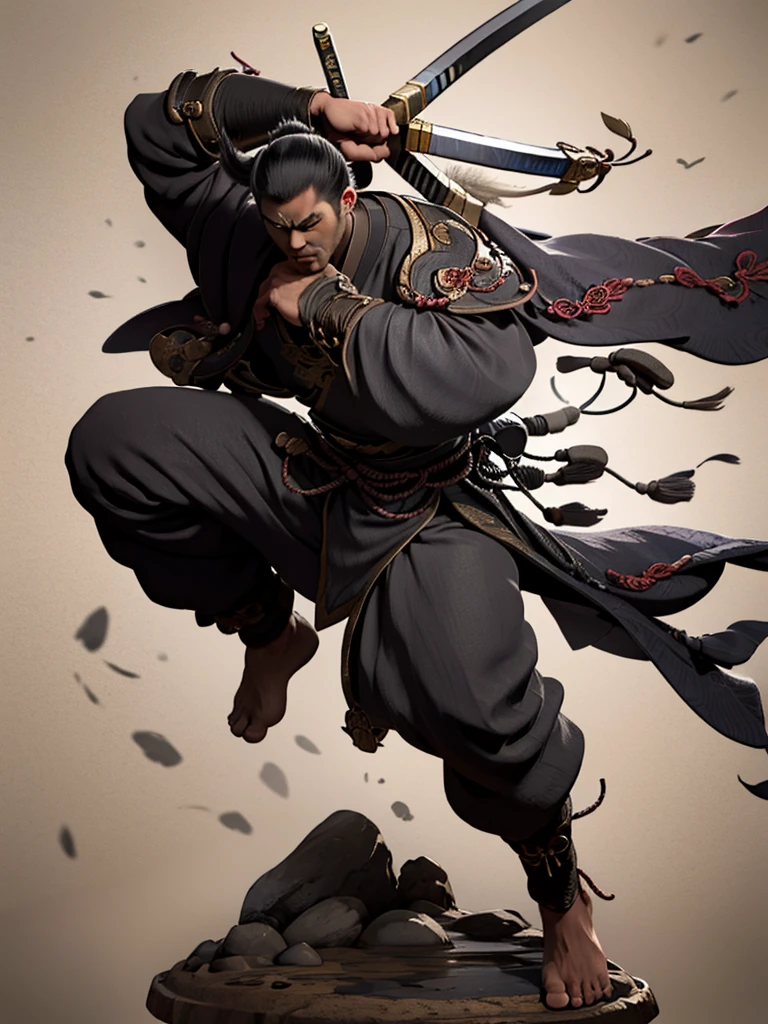 Imagine a samurai of about 35 years old, with impeccable posture and a presence that exudes discipline and honor. He has 1,80 metro de altura, a strong physical constitution, but agile, indicating years of rigorous training and intense combat. Your skin is tanned by the sun, with some unobtrusive scars that tell stories of past battles.
Your face is serious and determined, with angular and well-defined features. The eyes are dark, deep and observant, transmitting wisdom acquired through a life dedicated to the warrior's path. He has thick, well-defined eyebrows, that further accentuate his resolute expression. The hair is black and long, tied into a traditional bun on top of the head, leaving just a few loose strands to fall around the face.
He wears traditional samurai armor, composed of finely crafted iron plates, painted a deep red and decorated with gold details. Over the armor, wears a black haori with the symbol of his clan embroidered in white on the back. Armor is functional and stylish, allowing freedom of movement whilst offering maximum protection.
On your waist, carries two swords: A Katana and a Wakizashi, both with polished wooden scabbards and gold details. The katana has a long, curved blade, with an extremely sharp edge, while wakizashi is shorter, but equally lethal. Both swords are family heirlooms, transmitted from generation to generation.
Your feet are shod in war sandals, feitas de couro resistente, that allow you to move silently and quickly. Every step you take is precise and controlled, demonstrating his rigorous training and dedication to bushido, the samurai code of honor.