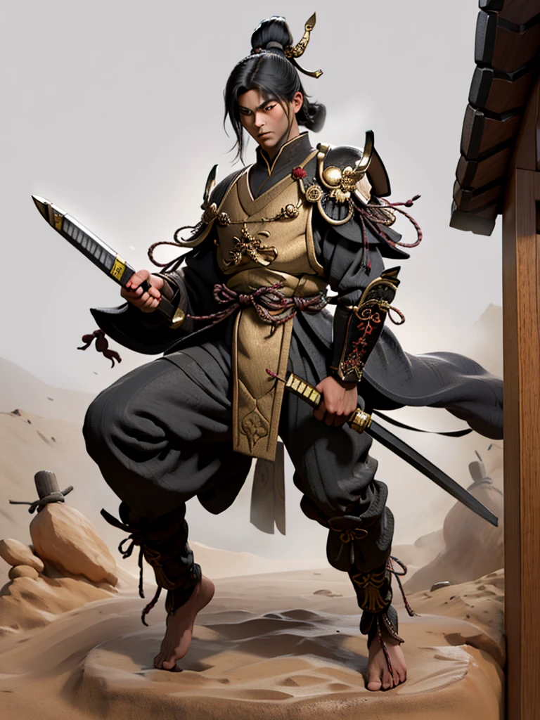 samurai warrior, man, without armor, oriental, only from the waist up, holding a katana, in a waterfall where the water falls, rpg traits, d&d style, fantasy, magic, d&d style, digital paint, rpg traits