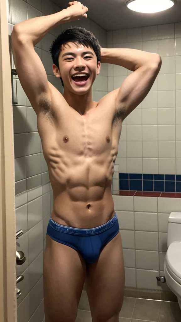 、Japanese men、Pretty short sporty short black hair、Short but well-trained muscles、In the small bathroom at night、Showing off some really tight, elaborately designed, bulging briefs、A happy smile with a wide open mouth、I can see the side clearly、The whole body is clearly visible、