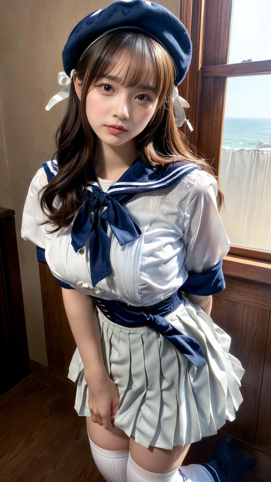 (absurdres:1.3), (highres:1.3), (ultra detailed:1.3),(1girl:1.3), (extremely detailed CG unity 8k wallpaper:1.3), (detailed skin texture, detailed cloth texture, detailed hair texture), (beautiful detailed face, supermodel, pale skin, realistic glistening skin), (RAW photo, best quality), (realistic, photo-realistic:1.4), masterpiece, extremely delicate and beautiful,Amazing, finely detail, extremely detailed CG unity 8k wallpaper, huge filesize, ultra-detailed, highres, absurdres, soft light,rim light, vibrant details, hotel room, straight hair, large breasts, black hair color, Big Natural Color Lip, (perfect body shape), beautiful legs, (white (skirt, pleated skirt):1.5), (white beret with light-blue ribbon:1.4), (blue sailor collar:1.4), (white shirt:1.4), (double-breasted on deep-blue waist cincher:1.3), (short bishop-sleeve:1.3), (light-blue ribbon:1.3), ((white socks, loafers):1.2), crying a little、Harajuku style、20 year old girl、cute type、lolita、