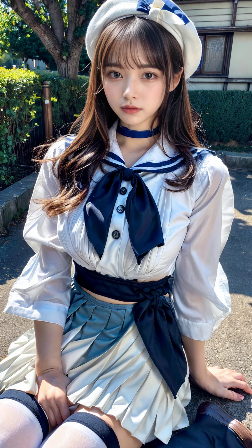 (absurdres:1.3), (highres:1.3), (ultra detailed:1.3),(1girl:1.3), (extremely detailed CG unity 8k wallpaper:1.3), (detailed skin texture, detailed cloth texture, detailed hair texture), (beautiful detailed face, supermodel, pale skin, realistic glistening skin), (RAW photo, best quality), (realistic, photo-realistic:1.4), masterpiece, extremely delicate and beautiful,Amazing, finely detail, extremely detailed CG unity 8k wallpaper, huge filesize, ultra-detailed, highres, absurdres, soft light,rim light, vibrant details, hotel room, straight hair, large breasts, black hair color, Big Natural Color Lip, (perfect body shape), beautiful legs, (white (skirt, pleated skirt):1.5), (white beret with light-blue ribbon:1.4), (blue sailor collar:1.4), (white shirt:1.4), (double-breasted on deep-blue waist cincher:1.3), (short bishop-sleeve:1.3), (light-blue ribbon:1.3), ((white socks, loafers):1.2), crying a little、Harajuku style、20 year old girl、cute type、lolita、