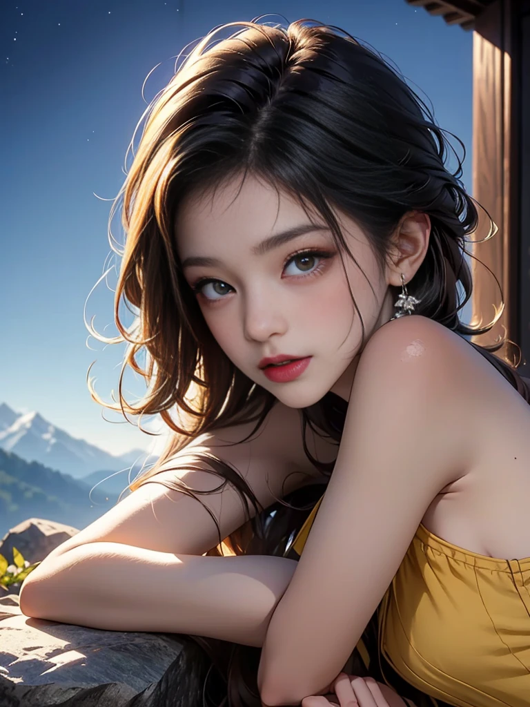 Ayaka,Genshin Impact,kamisato Ayaka, ((Bare shoulders)), ((whole body)), Practical, Fashion Girl, Red lips, Become a, cosmetic, big eyes, beautiful eyes, ((whole body)), ((From below)), (best quality, masterpiece:1.2), Very detailed, (Practical:1.37), ((Sexy long legs)), beautiful, Young and energetic, Charming model, Large Breasts, cleveage, (Exquisite eyes, Delicate lips, extremely Exquisite eyes), Show a bright smile, Create stunning girl images, Warm colors, Very high color saturation, Official Art, Extremely detailed CG unified 8k wallpaper,(High Dynamic Range :1.4), (Movie),(Soft colors, Dull Color, Soothing tone :1.3), (Natural skin texture, ultra-Practical, Soft Light, sharp),(Very detailed), night, moonlight, ((In the mountains, plant, Leaning against the rocks))