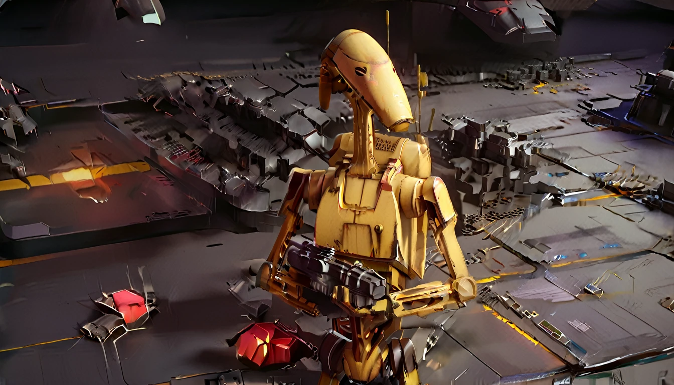 The background is blurred、(Masterpiece、８ｋ、Very detailed and well written、Is being rendered、UE5.0、Best lighting and shadows)、Respect for the original、ＣＧwork、Photorealistic、Beautifully aligned、(A B1 battle droid painted for the Rebels)、Standby、Vision、Coruscant spaceport、Star Wars universe、unmanned